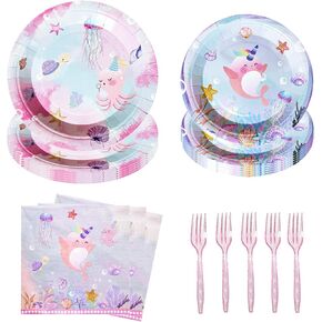 DELICAT Under The Sea Party Decorations Ocean Theme Birthday Supplies with Paper Plates Forks and Napkins Disposable Tableware Set For 24 Guests Girl Sea Animals Party Baby Shower
