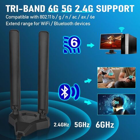 ايت ود هوائي واي فاي 6E ثلاثي النطاق 6GHz 5GHz 2.4GHz للالعاب قاعدة مغناطيسية مع كيبل تمديد 6.6 قدم للكمبيوتر المكتبي بمنفذ PCIe بطاقة واي فاي 6E راوتر واي فاي in Kuwait