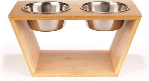 BambooMN Elevated Dog Bowl Feeder - 100% Bamboo Stand, 4 Metal Bowls for Food and Water - Medium in Kuwait