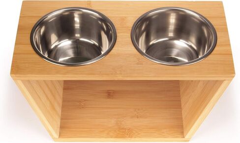 BambooMN Elevated Dog Bowl Feeder - 100% Bamboo Stand, 4 Metal Bowls for Food and Water - Medium in Kuwait