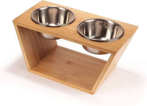 BambooMN Elevated Dog Bowl Feeder - 100% Bamboo Stand, 4 Metal Bowls for Food and Water - Medium in Kuwait