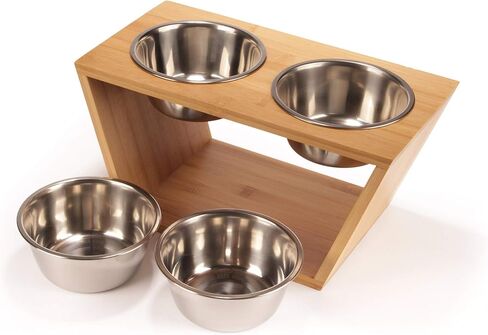 BambooMN Elevated Dog Bowl Feeder - 100% Bamboo Stand, 4 Metal Bowls for Food and Water - Medium in Kuwait