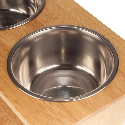 BambooMN Elevated Dog Bowl Feeder - 100% Bamboo Stand, 4 Metal Bowls for Food and Water - Medium in Kuwait