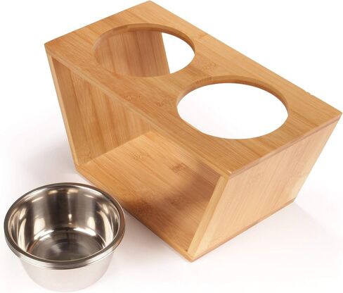 BambooMN Elevated Dog Bowl Feeder - 100% Bamboo Stand, 4 Metal Bowls for Food and Water - Medium in Kuwait