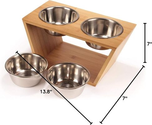 BambooMN Elevated Dog Bowl Feeder - 100% Bamboo Stand, 4 Metal Bowls for Food and Water - Medium in Kuwait