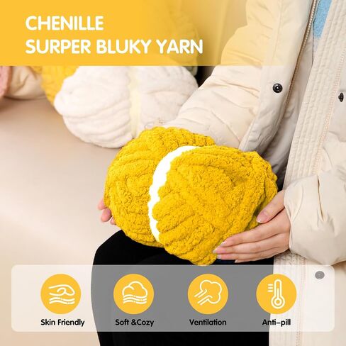 Duck Yellow Chunky & Bulky Yarn for Hand Knitting/Crocheting, Chunky Knit Chenille, Extra Chunky Thick Jumbo Bulk - Chunky Blanket Yarn, 8 Pack (27 yds, 8 oz Each Skein) in Saudi Arabia