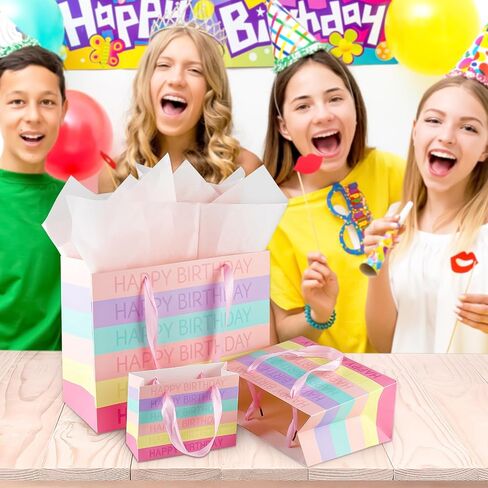 Happy Birthday Paper Bags Large, Medium, Small Sizes Gift Bag Paper with Matching Tissue Paper, Card,Ribbons Happy Birthday Gift Bags with Handles,Gift Bags Party Bags for Girls Women and All(Pink) in Saudi Arabia