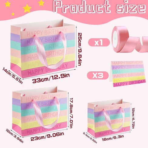 Happy Birthday Paper Bags Large, Medium, Small Sizes Gift Bag Paper with Matching Tissue Paper, Card,Ribbons Happy Birthday Gift Bags with Handles,Gift Bags Party Bags for Girls Women and All(Pink) in Saudi Arabia