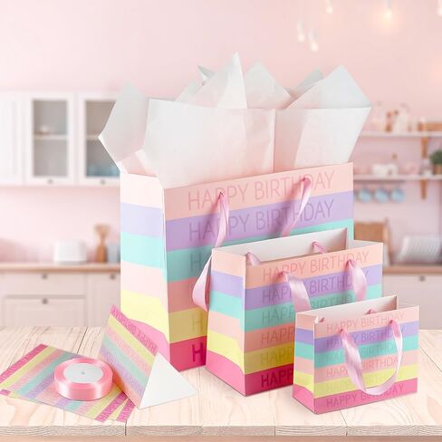 Happy Birthday Paper Bags Large, Medium, Small Sizes Gift Bag Paper with Matching Tissue Paper, Card,Ribbons Happy Birthday Gift Bags with Handles,Gift Bags Party Bags for Girls Women and All(Pink) in Saudi Arabia