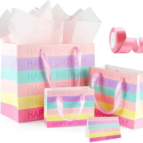 Happy Birthday Paper Bags Large, Medium, Small Sizes Gift Bag Paper with Matching Tissue Paper, Card,Ribbons Happy Birthday Gift Bags with Handles,Gift Bags Party Bags for Girls Women and All(Pink) in Saudi Arabia