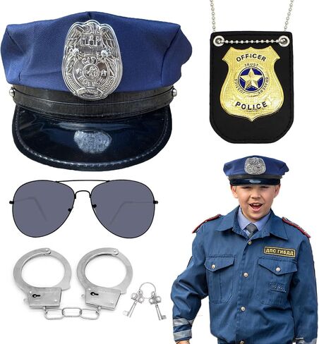 4Pcs police accessories for kids Police Pretend Play Toy Set Including Police Hat Sunglasses Badge Handcuffs Halloween in Saudi Arabia