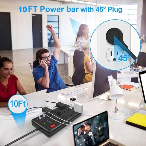 Surge Protector Power Strip 10 ft cord-15 Widely Spaced Outlets and 4 USB Ports(1 USB C Port),14 AWG Extension Cord,1875W/15A Heavy Duty Power Strip Surge Protector 10 ft Cord,2800J,Black in Kuwait
