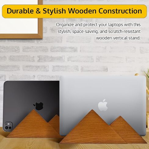Dual Laptop Holder Vertical Laptop Stand 2 Slots Wooden - Light Brown (Oak Color) in Saudi Arabia