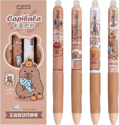 4 Pcs Erasable Gel Pens Cartoon Retractable Cute Capybara 0.5mm Blue Ink for Office School Women Girls Boys (Blue Ink-Capybara) in Saudi Arabia