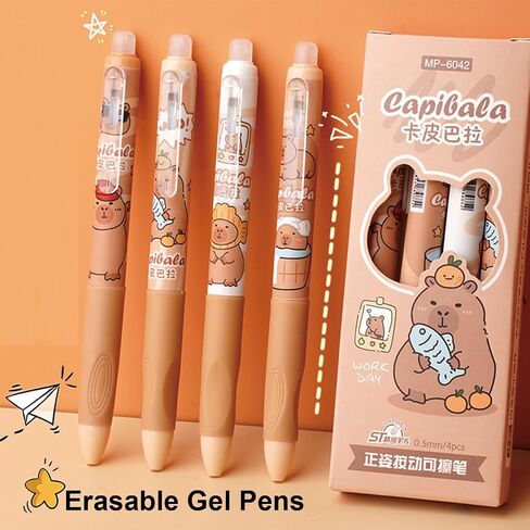4 Pcs Erasable Gel Pens Cartoon Retractable Cute Capybara 0.5mm Blue Ink for Office School Women Girls Boys (Blue Ink-Capybara) in Saudi Arabia