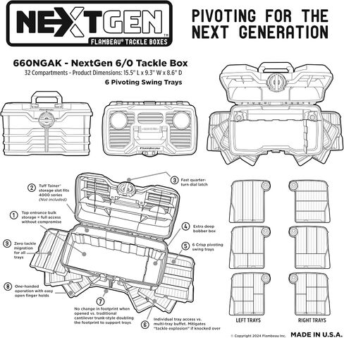 Flambeau Outdoors NextGen 6/0 Large Tackle Box, 6 Pivot Trays, 32 Compartments, Advanced Tackle Storage Organizer, Green in Kuwait
