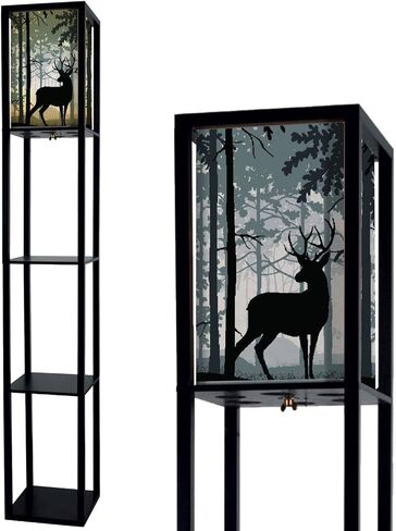 Silhouette of red deer with big antlers in reed on foggy morning in Standing Lamp with Shelves Flaxen Fabric Shade Floor Lamp Tall lamp Corner Bedside Lamp for Living Room Bedroom Aesthetic Decor in Saudi Arabia