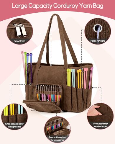 Corduroy Yarn Bag Travel Crochet Bag, Large Capacity Tote Bag Knitting Bag for Carrying Projects, Knitting Needles, Crochet Hooks and Yarn, Brown in Kuwait