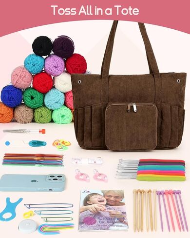 Corduroy Yarn Bag Travel Crochet Bag, Large Capacity Tote Bag Knitting Bag for Carrying Projects, Knitting Needles, Crochet Hooks and Yarn, Brown in Kuwait