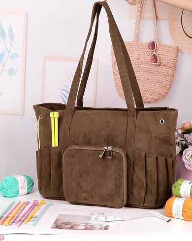 Corduroy Yarn Bag Travel Crochet Bag, Large Capacity Tote Bag Knitting Bag for Carrying Projects, Knitting Needles, Crochet Hooks and Yarn, Brown in Kuwait