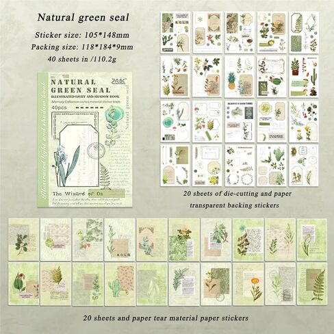 40 Sheets Green Plant Nature Theme Washi Sticker Book, Forest Theme Sticker Book for Envelope Seal, Scrapbook,Journals,Holiday Decor, DIY Crafts,Water Bottle in Kuwait