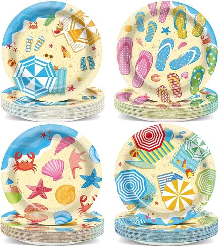 OBUSATT 100Pcs Summer Beach Party Plates Hawaiian 9 Inch Dinner Dessert Paper Plates Disposable Umbrella Flip Flops Tableware Cake for Summer Pool Tropical Birthday Party Decorations Supplies Favor in Saudi Arabia