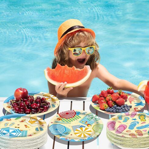 OBUSATT 100Pcs Summer Beach Party Plates Hawaiian 9 Inch Dinner Dessert Paper Plates Disposable Umbrella Flip Flops Tableware Cake for Summer Pool Tropical Birthday Party Decorations Supplies Favor in Saudi Arabia