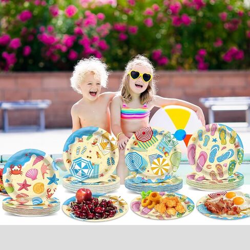 OBUSATT 100Pcs Summer Beach Party Plates Hawaiian 9 Inch Dinner Dessert Paper Plates Disposable Umbrella Flip Flops Tableware Cake for Summer Pool Tropical Birthday Party Decorations Supplies Favor in Saudi Arabia