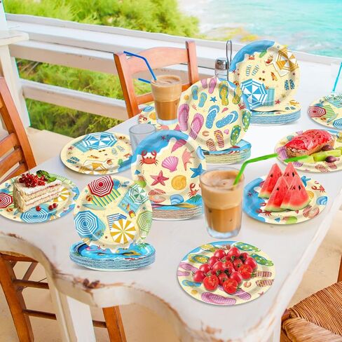OBUSATT 100Pcs Summer Beach Party Plates Hawaiian 9 Inch Dinner Dessert Paper Plates Disposable Umbrella Flip Flops Tableware Cake for Summer Pool Tropical Birthday Party Decorations Supplies Favor in Saudi Arabia