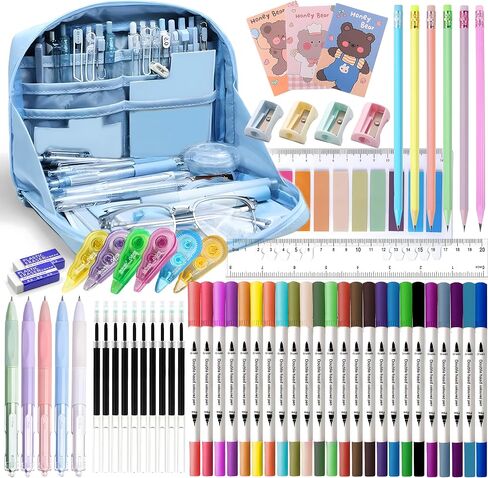 56 PCS اللوازم المدرسية الجمالية مع علبة قلم رصاص كبيرة ، 24 أقلام علامات الفرشاة ، 5 أقلام هلام الحبر الأسود ، 6 أقلام معكرون ، 4 شحذات ، ملاحظات لزجة ، حاكم ، محو ، هدية قرطاسية للطلاب in Saudi Arabia