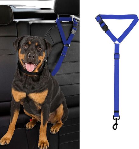 Dog Cat Safety Seat Belt Strap Car Headrest Restraint Adjustable Nylon Fabric Dog Restraints Vehicle Seatbelts Harness (Blue, No Elastic Bungee-1pcs) in Saudi Arabia