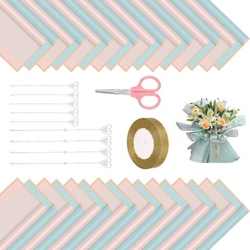 Swpeet 40 Sheet Gold Edge Pastel Pink & Clear Sky Blue Flower Wrapping Paper with Floral Picks Card Holders Ribbon Roll and Scissors Kit, Florist Supplies Bouquet Packaging Paper for Wedding in Kuwait