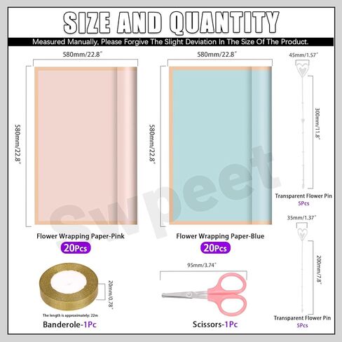 Swpeet 40 Sheet Gold Edge Pastel Pink & Clear Sky Blue Flower Wrapping Paper with Floral Picks Card Holders Ribbon Roll and Scissors Kit, Florist Supplies Bouquet Packaging Paper for Wedding in Kuwait