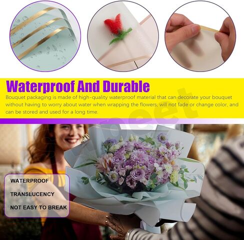 Swpeet 40 Sheet Gold Edge Pastel Pink & Clear Sky Blue Flower Wrapping Paper with Floral Picks Card Holders Ribbon Roll and Scissors Kit, Florist Supplies Bouquet Packaging Paper for Wedding in Kuwait