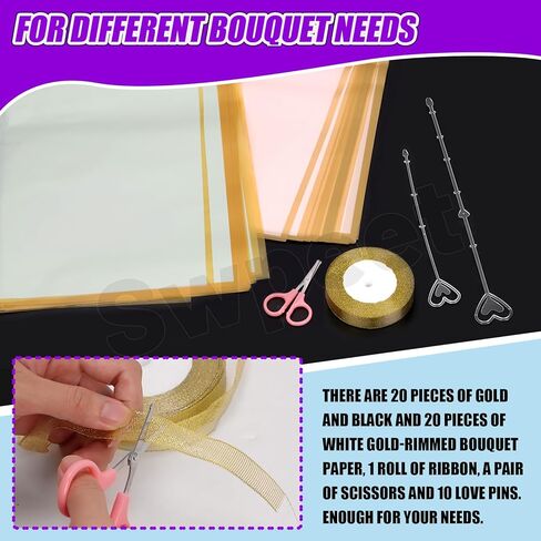 Swpeet 40 Sheet Gold Edge Pastel Pink & Clear Sky Blue Flower Wrapping Paper with Floral Picks Card Holders Ribbon Roll and Scissors Kit, Florist Supplies Bouquet Packaging Paper for Wedding in Kuwait
