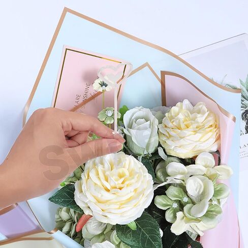 Swpeet 40 Sheet Gold Edge Pastel Pink & Clear Sky Blue Flower Wrapping Paper with Floral Picks Card Holders Ribbon Roll and Scissors Kit, Florist Supplies Bouquet Packaging Paper for Wedding in Kuwait