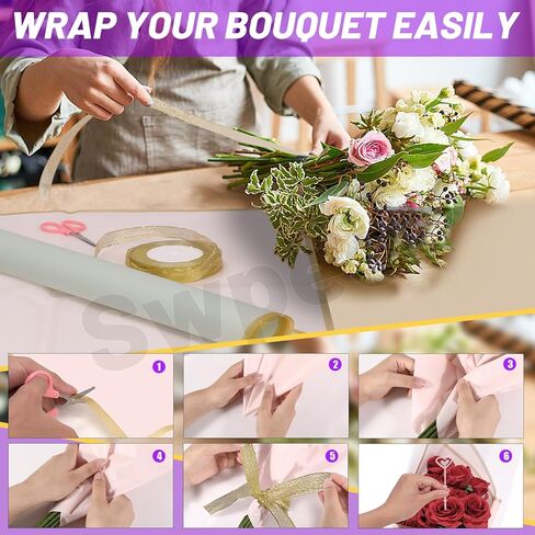 Swpeet 40 Sheet Gold Edge Pastel Pink & Clear Sky Blue Flower Wrapping Paper with Floral Picks Card Holders Ribbon Roll and Scissors Kit, Florist Supplies Bouquet Packaging Paper for Wedding in Kuwait