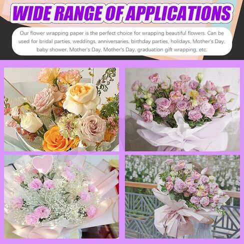 Swpeet 40 Sheet Gold Edge Pastel Pink & Clear Sky Blue Flower Wrapping Paper with Floral Picks Card Holders Ribbon Roll and Scissors Kit, Florist Supplies Bouquet Packaging Paper for Wedding in Kuwait