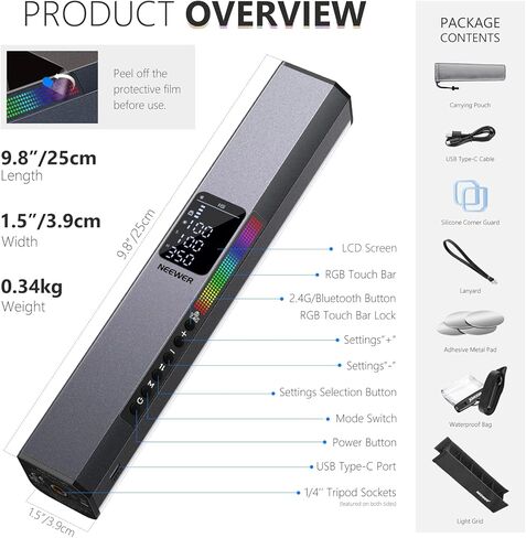 نيوير عصا اضاءة RGB مع تحكم 2.4 جيجا/تطبيق، خلاط اضاءة RGB مطور 360 درجة قابل للمس، عصا اضاءة LED للتصوير الفوتوغرافي والفيديو مع 2500-10000 كلفن، CRI/TLCI97+، 18 مشهد، بطارية 7.4 فولت/31 واط في in Kuwait
