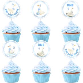 Cheereveal 24pcs الأزرق السخيف أوزة الكب كيك أعلى القبعات ، واحدة سخيفة كب كيك يختار ديكورات كعكة عيد الميلاد الأولى ، وحيوان المزرعة تحت عنوان "حفلات استحمام الطفل"