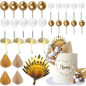 Champagne Rose Cake Decoration Gold Boho Caketopper White Golden Ball Palm Leave Apricot Cake Decor