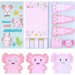 Axolotl Sticky Notes, Cute Cartoon Pastel Memo Set, Mexican Walking Fish Sticky Notes, Party Bag Fillers for Kids, Party Favour Gifts for Girls Student School Supplies