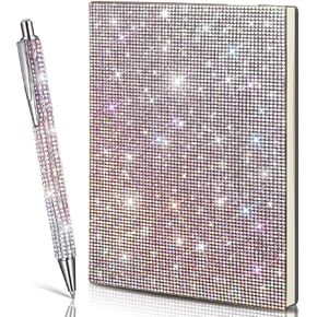 Kosiz 2 PCS Rhinestone Notebook Pen مجموعات Crystal Pens Silver Bling Notebook A5 Diamond Office Accessories اللوازم لطلاب المكاتب المدرسية الذين يكتبون الهدايا (AB Color)