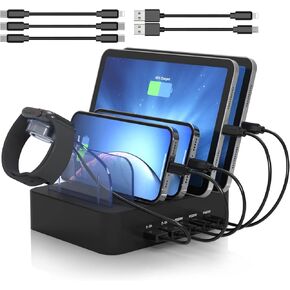 محطة شحن MSTJRY USB C للأجهزة المتعددة: 90W 5 منافذ شاحن سريع متعدد لأجهزة iPhone iPad Airpods - شحن منظم قفص الاتهام مع فواصل قابلة للتعديل لفصل المكتب المنزلي
