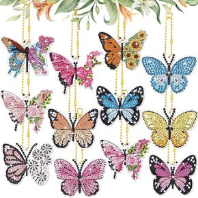 BBTO 12 Pcs Butterfly Diamond Painting Keychains Kit DIY 5D Diamond Art Key Rings Hanging Butterfly Diamond Painting Ornaments Butterflies Diamond Pendants for Spring Summer Beginner Adult Craft