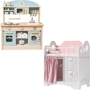 Robotime Wooden Play Kitchen and Baby Doll Crib Set - Playset Kids Kids Kitch مع سرير دمية ، وتخزين ، وفراش ، وخطافات - تلعب ألعاب الأثاث هدية للفتيات الذين تتراوح أعمارهم بين 3+