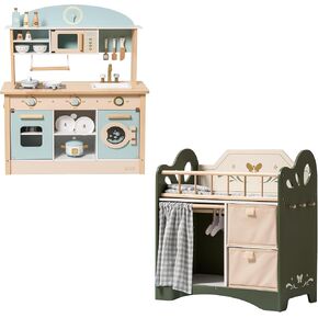 Robotime Wooden Play Kitchen and Baby Doll Crib Set - Playset Kids Kids Kids مع سرير دمية ، تخزين وفراش - تظاهر ألعاب الأثاث للبنات الأعمار 3+