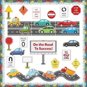 115Pcs Back to School On The Road to Success Car Bulletin Board Classroom Decoration Car Traffic Road Cutouts Name Tags Trim Back to School Party Supplies Classroom Chalkboard Wall Door Decor