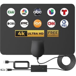TV Antenna Indoor - Digital TV Antenna 250+ Miles Long Range - with Signal Amplifier Support 4K 1080p Freeview HDTV Black