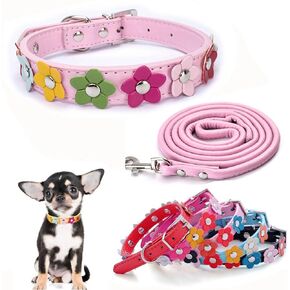 Puppy Collar and Leash, Pretty Colorful Flower Cute Fancy PU Faux Leather Cat Collars Adjustable for XS Small Medium Breed Female Pet Dogs Girls Kitten, Yellow XSmall
